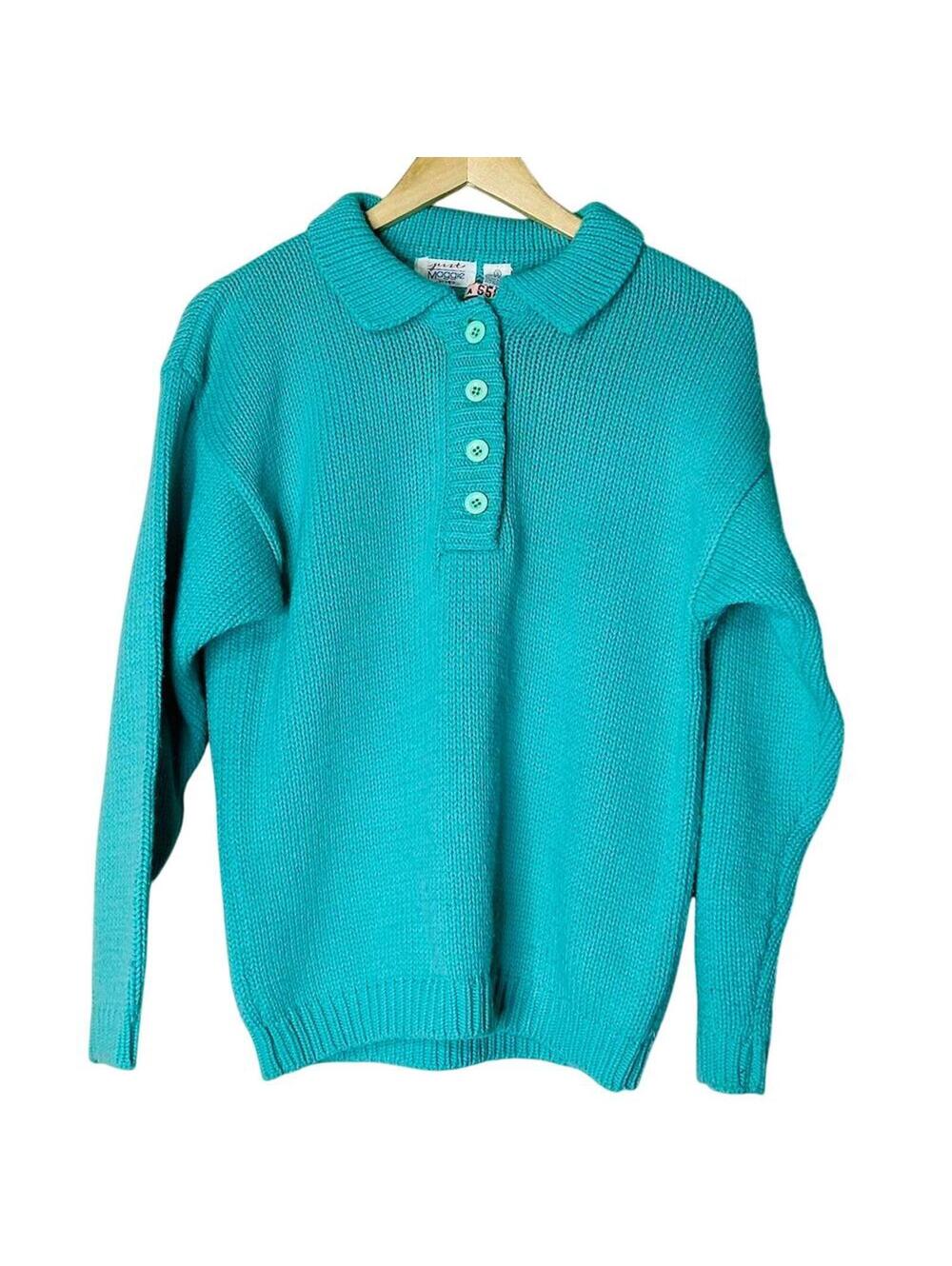 VTG Just Maggie Turquoise Knit Sweater Small 80s 90s Button Up Ribbed Trim